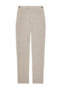 Ljust beige byxor gjorda av strukturerad tyg, med ett subtilt rutmönster, en slät front och två framfickor med knappstängning.