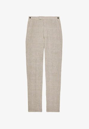 Helle beige Hose aus strukturiertem Stoff mit einem dezenten Karomuster, flachem Bund und zwei vorderen Taschen mit Knopfverschluss.