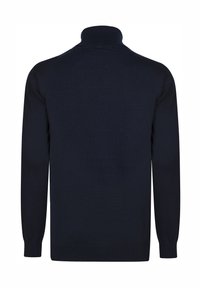 Donker marineblauwe pullovertrui met een hoge ribgebreide kraag, lange mouwen en een gewone gebreide textuur. Geschikt voor casual of semi-formele kleding.