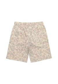 Beige and light green camouflage patterned elastic waist shorts with a single back pocket on a white background.