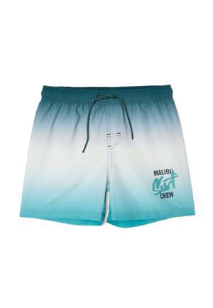 Bañador tipo short con degradado en verde azulado y blanco, con cintura de cordón y texto "Malibu Surf Crew" en la pierna derecha.