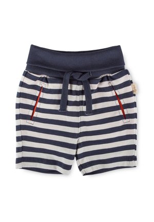 Kinder-Shorts in Marineblau und Weiß mit horizontalen Streifen, mit geripptem Bund, Kordelzug und vorne mit rot gefütterten Taschen.