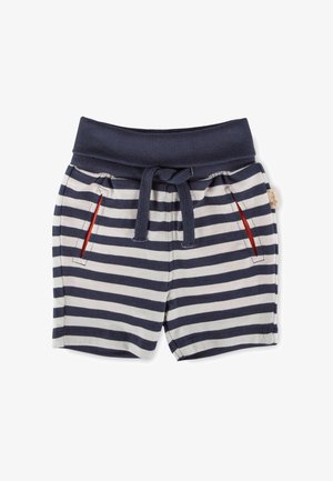 Kinder-Shorts in Marineblau und Weiß mit horizontalen Streifen, mit geripptem Bund, Kordelzug und vorne mit rot gefütterten Taschen.