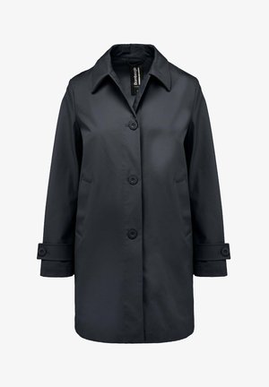 Zwarte damesregenjas met knopen, kraag, twee zijzakken en verstelbare knoopmanchetten, knielengte.