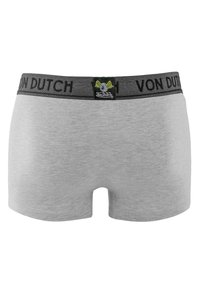 Boxers en coton gris avec une taille élastique noire portant la marque "VON DUTCH" et une petite étiquette de logo avec des ailes.