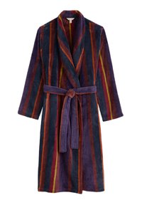 Fleece badjas met een ceintuurlijn. Heeft verticale strepen in paars, oranje en geel. Zachte textuur en wijde mouwen.