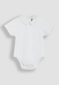 Witte katoenen korte mouw bodysuit met een ronde kraag en drukknoopsluiting aan de onderkant. Zachte textuur, eenvoudig ontwerp en strakke lijnen.