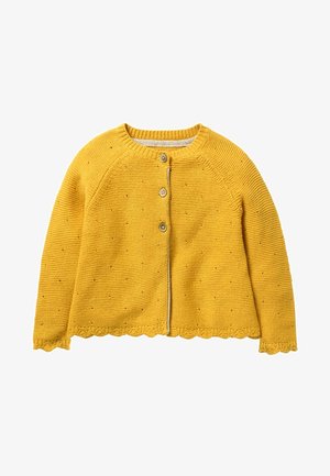 Gul strikket cardigan med lange ærmer, tre knapper, bølgede kanter ved ærmegab og kant samt et diskret mønster med små prikker over hele.