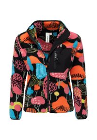 Fleecejacke mit schwarzem Grund, die ein farbenfrohes Blumenmuster in Pink, Blau und Orange aufweist. Verfügt über eine mit Reißverschluss gesicherte Brusttasche.