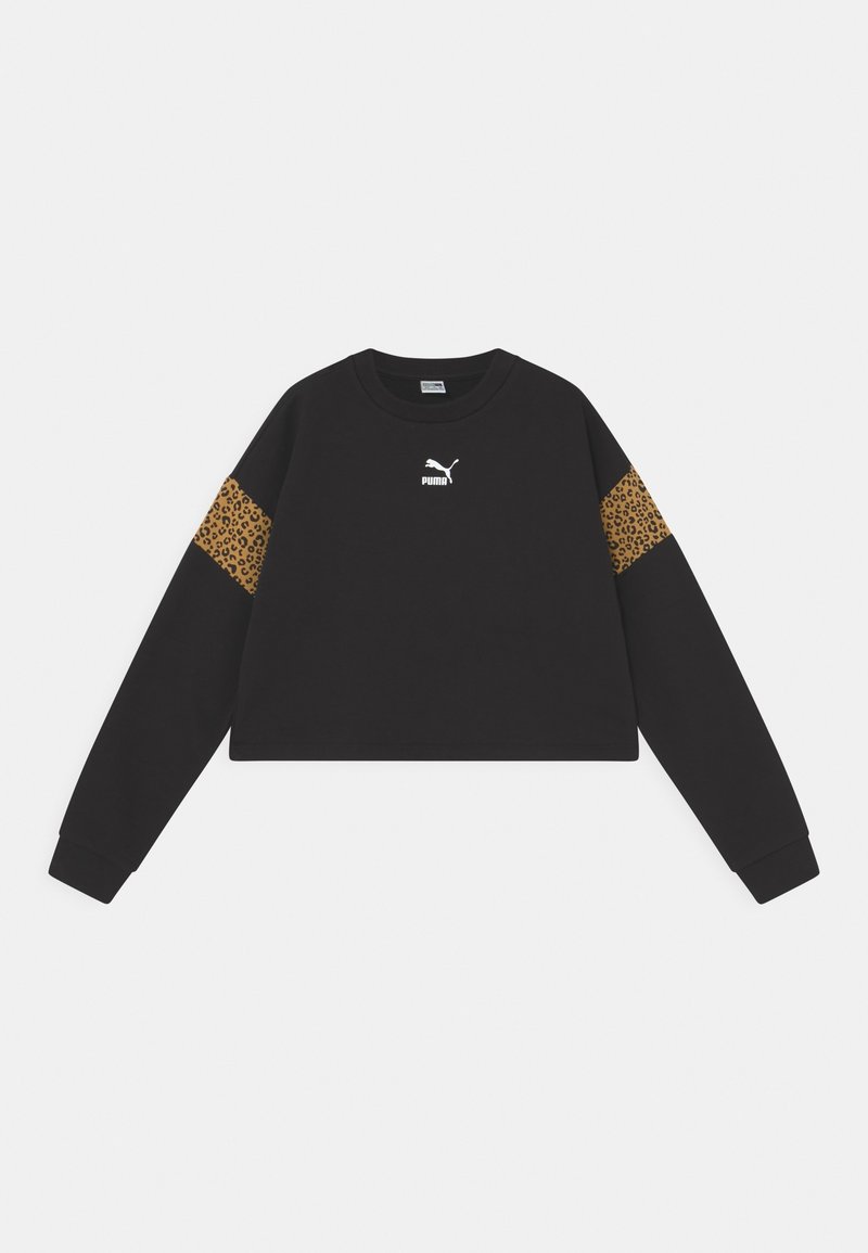 Černá zkrácená mikina s proužky v leopardím vzoru na rukávech a bílým logem Puma umístěným uprostřed hrudi.