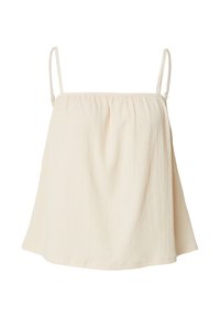 Lichtbeige mouwloze top met dunne banden, gerimpelde elastische halslijn, losse pasvorm en textielstof voor een zachte uitstraling.
