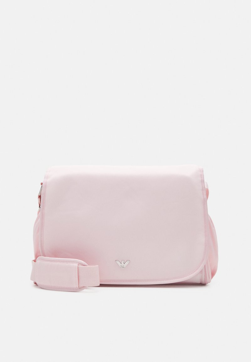 Pink messenger bag with a smooth textile finish, flap closure, adjustable strap, and a small silver logo detail on the front.