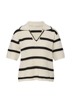 Cream knit short-sleeve sweater with black horizontal stripes, open V-neck collar, and crocheted texture.