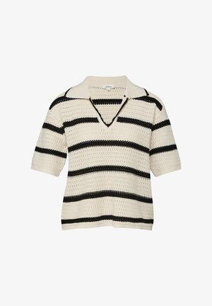 Cream knit short-sleeve sweater with black horizontal stripes, open V-neck collar, and crocheted texture.