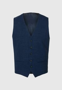 Temno modra jopica z teksturirano tkanino, oblikovanjem v obliki črke V, šestimi sprednjimi gumbi in dvema stranskima žepoma, z gladkim notranjim oblogo.