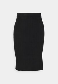 Černá žebrovaná pletená sukně ve stylu tužky s přiléhavým střihem, s hladkým pasem a střední délkou. Odolná tkanina a minimalistický design.
