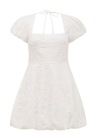 Weißes Kleid mit Puffärmeln, quadratischem Ausschnitt und einem Bindeband am Rücken. Verfügt über eine florale Stickerei und einen ausgestellten Rock.