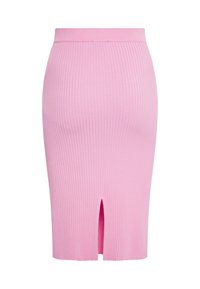Fustă creion roz, texturată, cu o siluetă ajustată, care prezintă o fanta frontală și un talie elastică netedă. Realizată dintr-un material elastic.