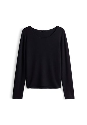 Chemise noire à manches longues avec un col rond et une longueur légèrement raccourcie, présentée sur fond blanc.
