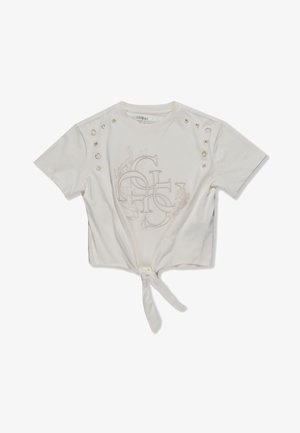 Weißes, kurzes T-Shirt mit besticktem Logo, geknotetem Vorderbereich und dekorativen Knopfdetails an den Schultern. Hergestellt aus weichem Baumwollmaterial.