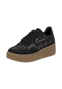 Black sneaker with a textured black and white fabric upper, rubber outsole, lace closure, and padded collar for comfort.