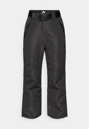 Juodos slidinėjimo kelnės iš lygaus, atsparaus vandeniui audinio, su reguliuojamu juosmens diržu, dviem užsegamomis šoniniais kišenėmis ir laisvo kirpimo, suteikiančio komfortą.