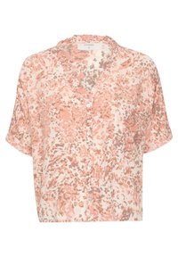 Blusa a maniche corte in un morbido rosa e crema con stampa astratta. Realizzata in tessuto leggero con colletto arricciato e chiusura a bottoni.
