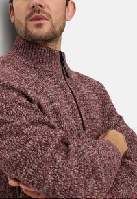 Garen gebreide trui met rits in kastanjebruin en grijs, met een hoge kraag, gestructureerde stof en zwarte ritssluiting; ontwerp met middelhoge pasvorm.