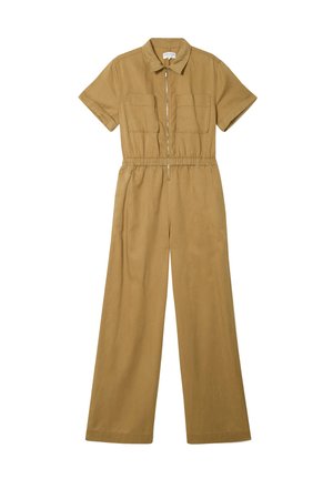 Korte mouwen jumpsuit van een lichtbruine stof. Voorzien van een ritssluiting aan de voorkant, twee borstzakken, een elastische taille en wijde broekspijpen.