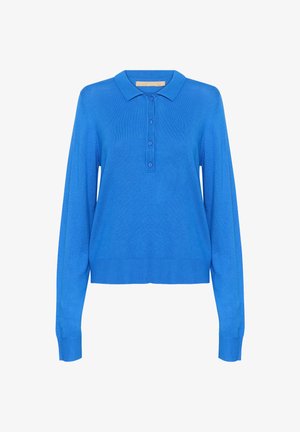 Modra dolg rokav polo majica iz mehkega blaga, z ovratnikom, zapenjanjem na tri gumbe ter rebrastimi manšetami in robom.