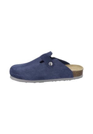 Navy blue clogs with a ribbed texture, adjustable strap, and a cork footbed. Features a grey rubber sole and side cutout for breathability.