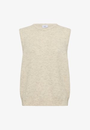 Cream sleeveless knit sweater with a round neckline, subtle texture, and a loose fit. Soft fabric and ribbed hem at the bottom.