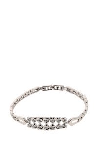 Sølvmetal armbånd med en central række af diamantformede klare krystaller sat i et zigzagmønster, med en glat kædelink.