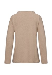 Beige Langarmshirt mit runder Halslinie, weichem Textil und taillierten Ärmeln. Glatte, gleichmäßige Oberfläche ohne sichtbare Verzierungen.