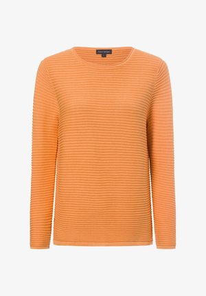 Oranger gerippter Langarmpullover mit rundem Halsausschnitt, aus strukturiertem Stoff gefertigt. Verfügt über einen geraden Saum und leichten Stretch.