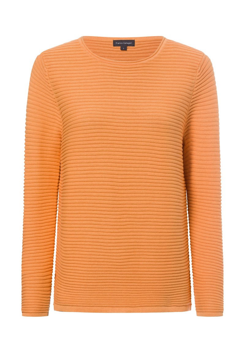 Oranger gerippter Langarmpullover mit rundem Halsausschnitt, aus strukturiertem Stoff gefertigt. Verfügt über einen geraden Saum und leichten Stretch.