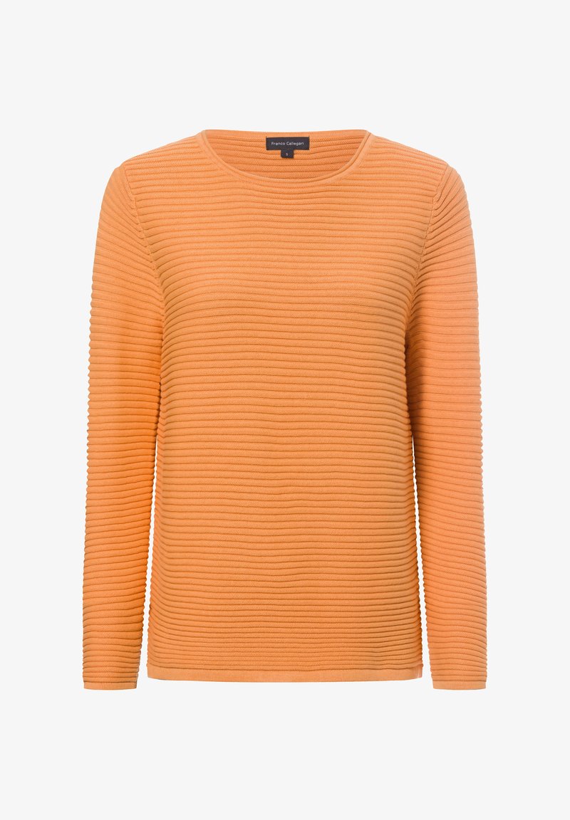 Oranger gerippter Langarmpullover mit rundem Halsausschnitt, aus strukturiertem Stoff gefertigt. Verfügt über einen geraden Saum und leichten Stretch.