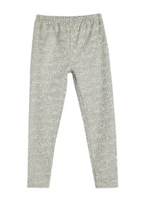 Lys grå leggings med gentagen "KÆRLIGHED" tekstmønster, elastisk talje og blød tekstur. Tætsiddende design, fuldlængde.