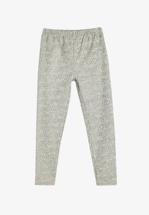 Leggings gris claro con un patrón repetido de texto "AMOR", cinturilla elástica y una textura suave. Diseño ajustado, corte de longitud completa.