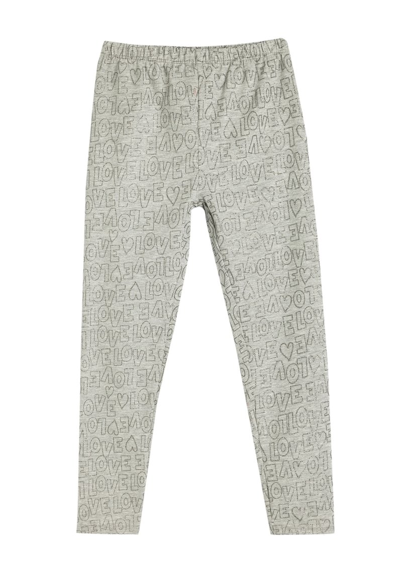 Lys grå leggings med gentagen "KÆRLIGHED" tekstmønster, elastisk talje og blød tekstur. Tætsiddende design, fuldlængde.