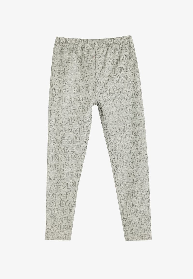 Jasnoszare legginsy z powtarzającym się wzorem tekstu "LOVE", elastycznym pasem w talii i miękką fakturą. Dopasowany krój, długość pełna.