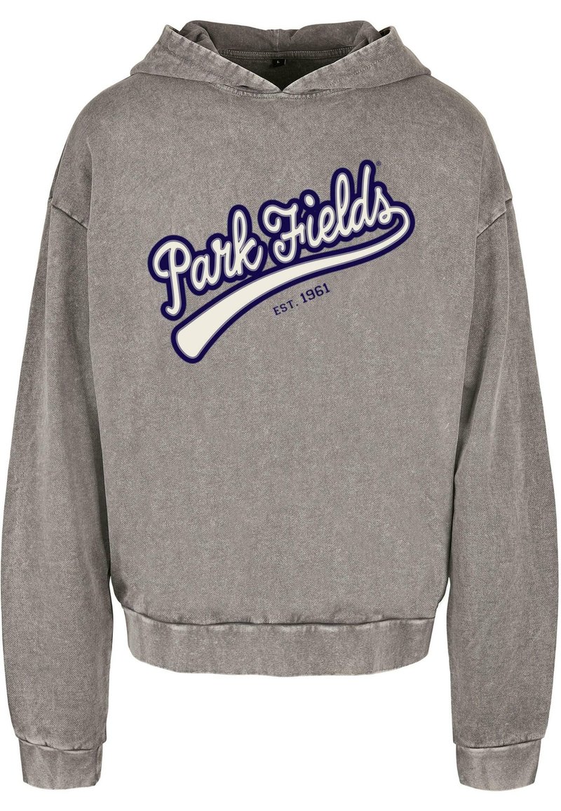 Szara bluza z kapturem o skróconym kroju. Zawiera logo "Park Fields" w białym i granatowym kolorze, założona w 1961 roku. Miękka faktura i długie rękawy.