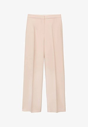 Pale pink wide-leg trousers made of smooth fabric. Features a flat front, side pockets, and a tailored waistband. No visible fastenings.