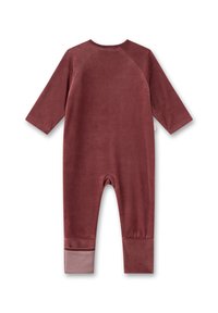 Burgunderfarbener Fleece-Overall mit langen Ärmeln, gerippten Manschetten und einem runden Ausschnitt. Weicher Stoff, nahtloser Rücken und kontrastierende Manschettendetails.