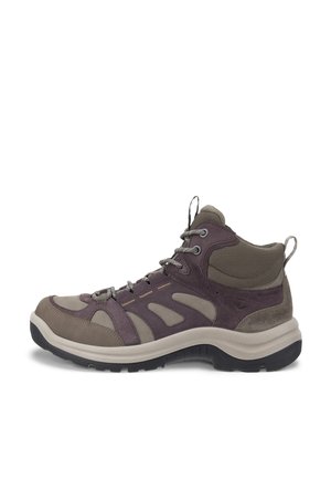 Scarponcino da trekking marrone e grigio di altezza media con chiusura con lacci, collarino imbottito alla caviglia e suola spessa scolpita per uso esterno.