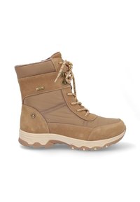 Botas impermeables marrones con diseño de cordones, materiales de ante y goma, cuello acolchado y suela texturizada para tracción.
