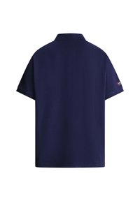 Marineblaue Poloshirt mit kurzen Ärmeln und Kragen, Rückansicht, schlichtes Design mit kleinem Logo-Patch am linken Ärmel.