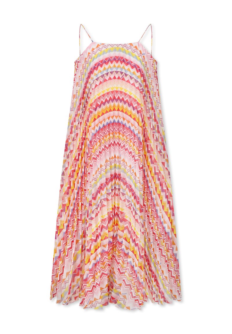 robe sans manches en tissu léger, présentant un motif en zigzag dans des teintes de rose, jaune et orange avec un design plissé.