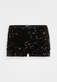 Μαύρες κοντές σέξι σορτς με σφιχτή εφαρμογή, καλυμμένες με λαμπερές μαύρες παγιέτες, και τελειωμένες με μια λεία μαύρη ζώνη μέσης.