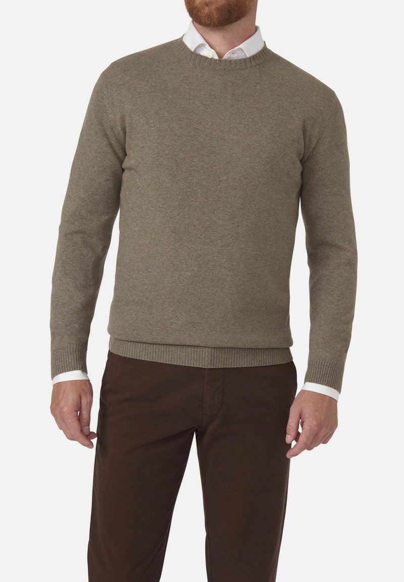 Hellbraunes Strickpullover mit Rundhalsausschnitt und gerippten Bündchen. Getragen über einem weißen Hemd mit Kragen, kombiniert mit dunkelbraunen Hosen.